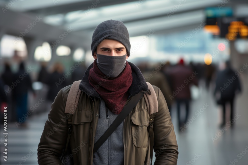 Portrait of a tender man in his 30s wearing a protective neck gaiter against a busy airport terminal. AI Generation