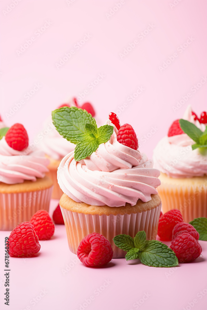 Cupcakes with fresh raspberries and mint on a pink background. 