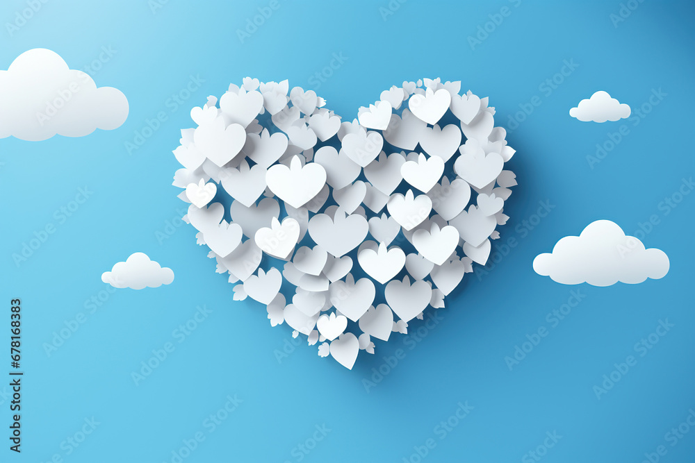 Paper heart with clouds on blue sky background. 3D illustration. Paper heart with clouds on blue sky background. 3D illustration.