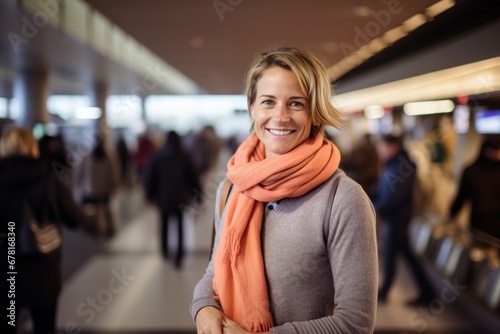 Portrait of a smiling woman in her 40s showing off a thermal merino wool top against a busy airport terminal. AI Generation