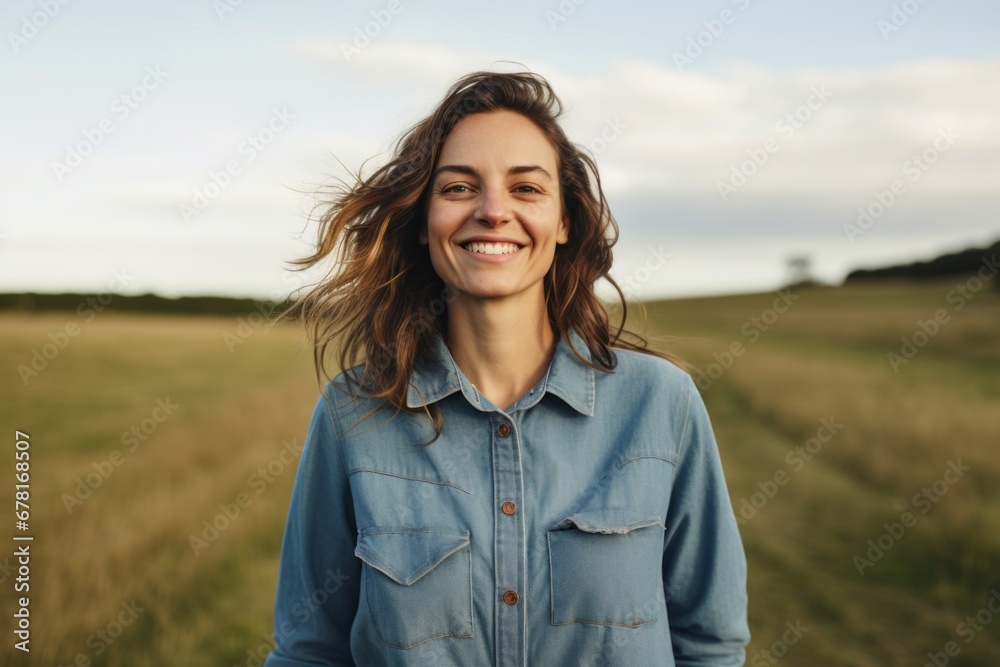 Portrait of a happy woman in her 30s sporting a versatile denim shirt against a quiet countryside landscape. AI Generation