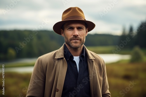 Portrait of a content man in his 30s donning a classic fedora against a quiet countryside landscape. AI Generation