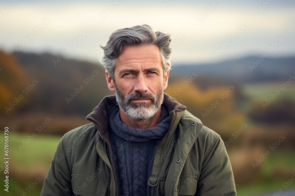 Portrait of a content man in his 50s wearing a cozy sweater against a quiet countryside landscape. AI Generation