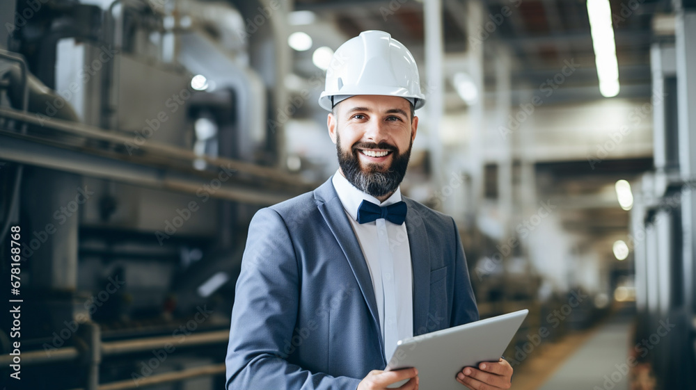 Chief Engineer in the hard hat standing through industrial factory while holding tablet.
Chief Engineer in the hard hat standing through industrial factory while holding tablet.