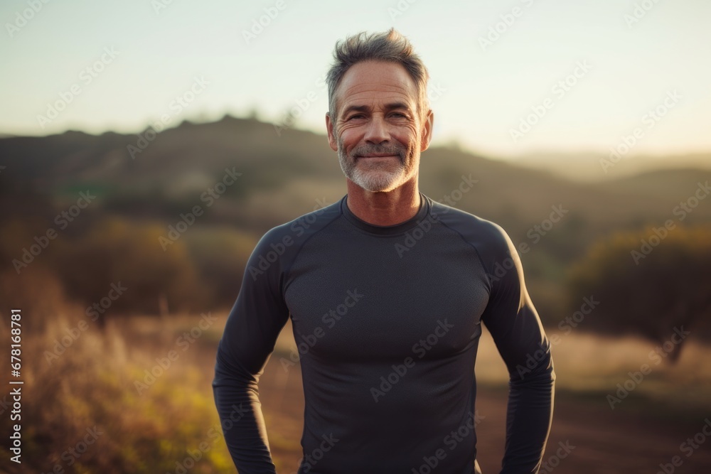 Portrait of a blissful man in his 50s showing off a lightweight base layer against a quiet countryside landscape. AI Generation Portrait of a blissful man in his 50s showing off a lightweight base layer against a quiet countryside landscape. AI Generation