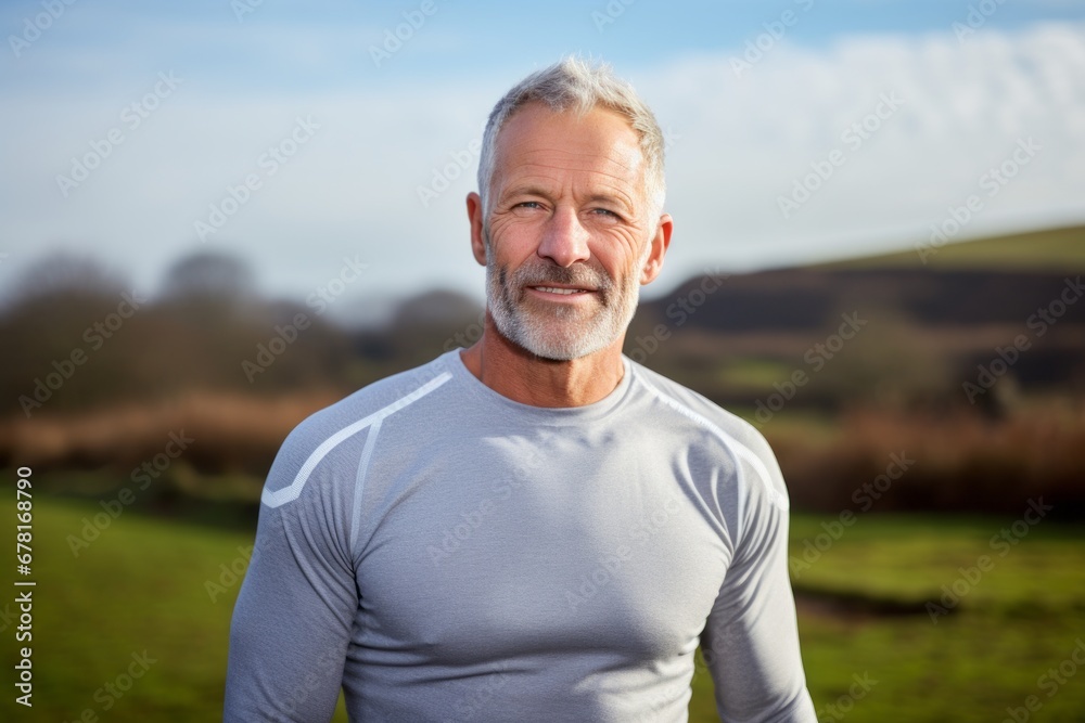 Portrait of a blissful man in his 50s showing off a lightweight base layer against a quiet countryside landscape. AI Generation