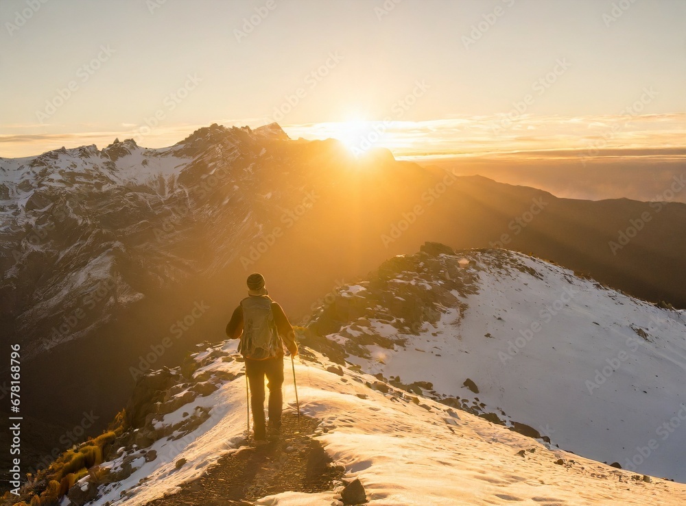 Person hiking reaching snowy mountain top at beautiful sunset