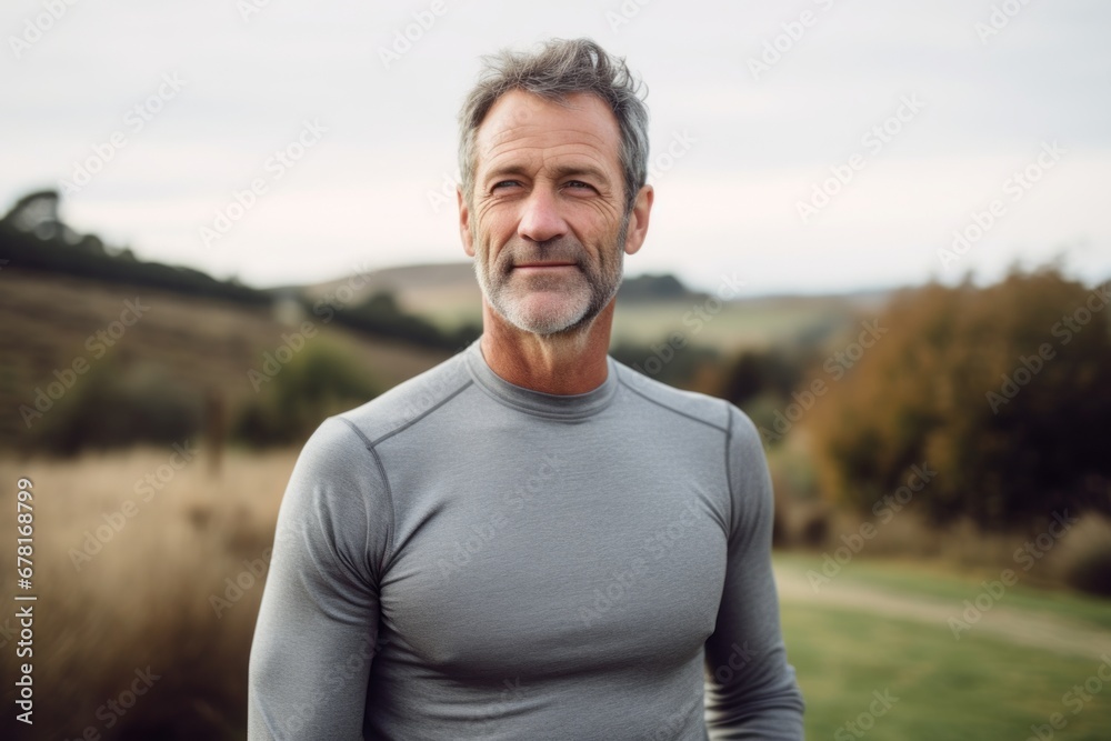 Portrait of a blissful man in his 50s showing off a lightweight base layer against a quiet countryside landscape. AI Generation