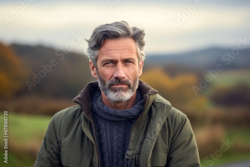 Portrait of a content man in his 50s wearing a cozy sweater against a quiet countryside landscape. AI Generation