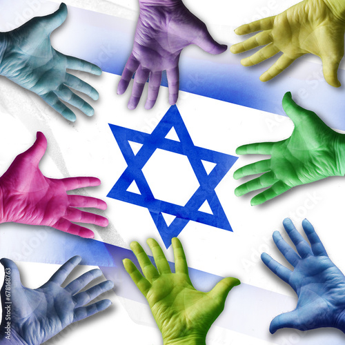 Israel flag combined with various hand gestures. Concept map depicting the relationship between Palestine and Israel. Basemap and background concept. double exposure hologram