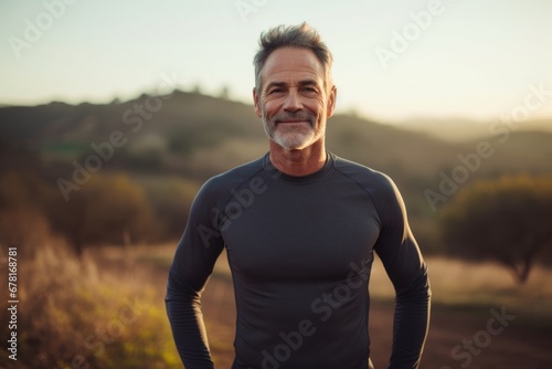Portrait of a blissful man in his 50s showing off a lightweight base layer against a quiet countryside landscape. AI Generation