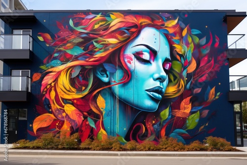 Vibrant Street Art Mural Adorning a City Wall with Graffiti Masterpiece. © Jelena