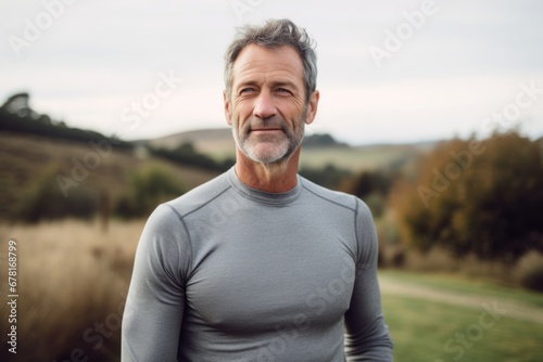 Portrait of a blissful man in his 50s showing off a lightweight base layer against a quiet countryside landscape. AI Generation