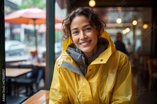 Portrait of a cheerful woman in her 40s sporting a waterproof rain jacket against a bustling city cafe. AI Generation