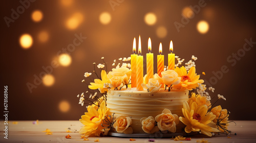 beautiful birthday retro yellow cake with cream and candles photo