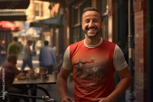 Portrait of a smiling man in his 40s sporting a breathable mesh jersey against a bustling city cafe. AI Generation