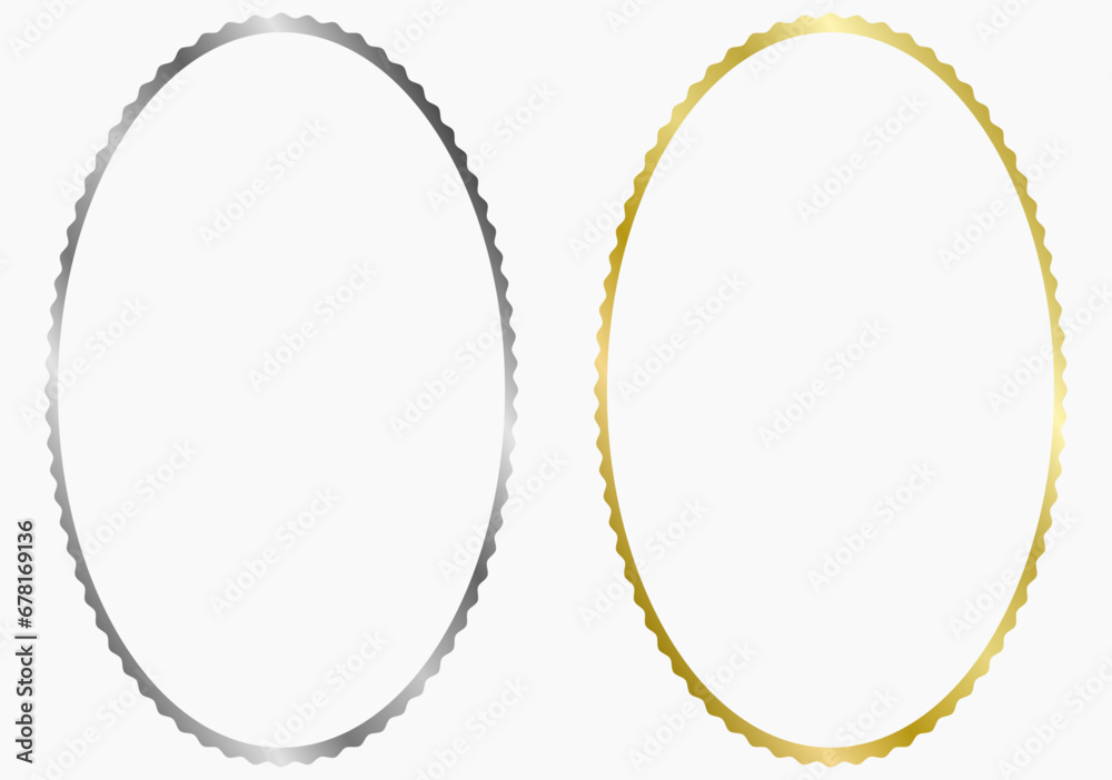 Set of golden and silver metal oval frames isolated on white. Vector frame for photo. Frame for text, certificate, pictures, diploma. Wavy frames. Gold, luxury - obrazy, fototapety, plakaty 