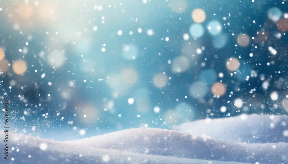 Christmas background with snowflakes and snow at the bottom blue colors