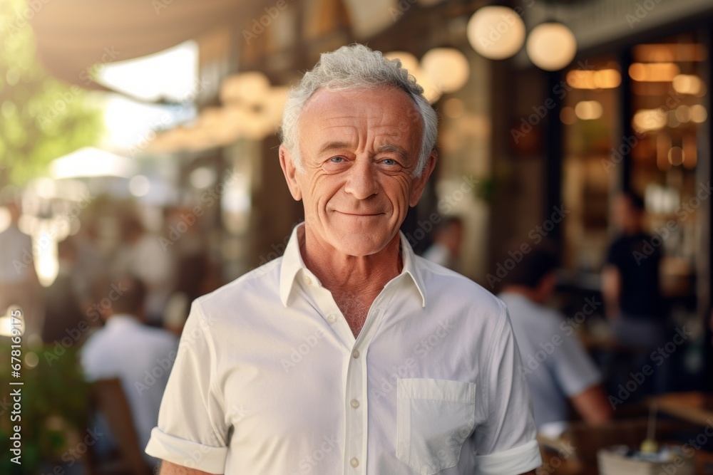 Portrait of a cheerful man in his 70s donning a classy polo shirt against a bustling city cafe. AI Generation Portrait of a cheerful man in his 70s donning a classy polo shirt against a bustling city cafe. AI Generation