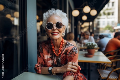 Portrait of a glad woman in her 70s wearing a trendy sunglasses against a bustling city cafe. AI Generation