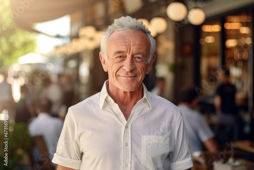 Portrait of a cheerful man in his 70s donning a classy polo shirt against a bustling city cafe. AI Generation © CogniLens