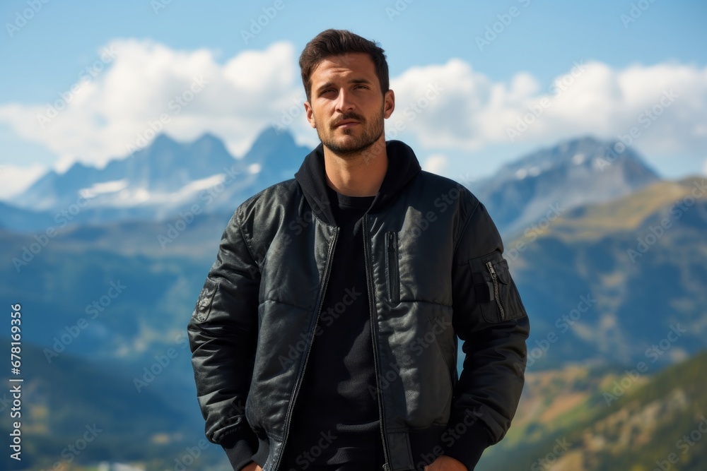 Portrait of a content man in his 30s wearing a trendy bomber jacket against a backdrop of mountain peaks. AI Generation Portrait of a content man in his 30s wearing a trendy bomber jacket against a backdrop of mountain peaks. AI Generation