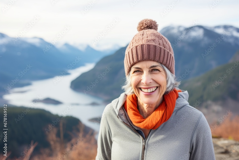 Portrait of a cheerful woman in her 60s sporting a trendy beanie against a backdrop of mountain peaks. AI Generation Portrait of a cheerful woman in her 60s sporting a trendy beanie against a backdrop of mountain peaks. AI Generation