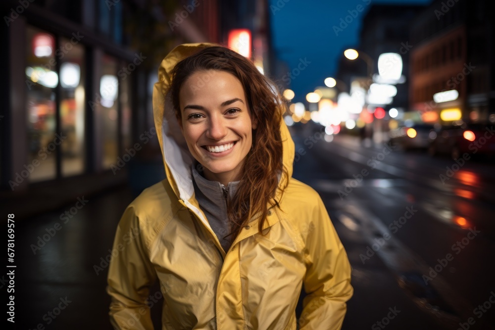 Portrait of a happy woman in her 30s wearing a functional windbreaker against a bustling city street at night. AI Generation