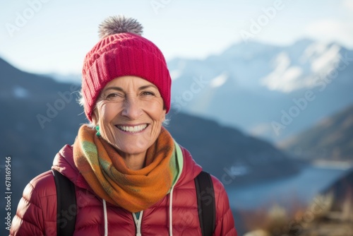 Portrait of a cheerful woman in her 60s sporting a trendy beanie against a backdrop of mountain peaks. AI Generation