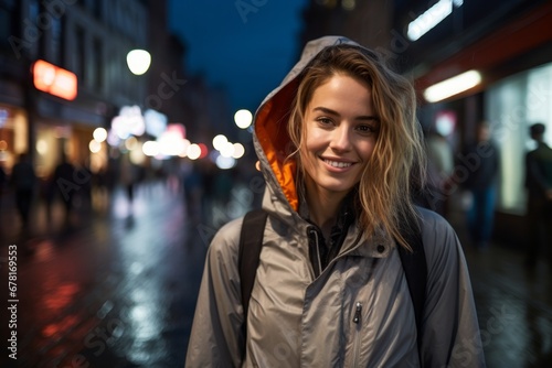 Portrait of a happy woman in her 30s wearing a functional windbreaker against a bustling city street at night. AI Generation