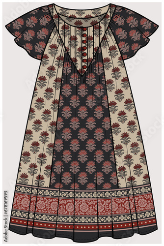FLUTTER SLEEVES A LINE DRESS WITH PINTUCKS BIB DETAIL  IN BLOCK PRINT PATTERN FABRIC DESIGNED FOR TEEN GIRL, TWEEN GIRLS AND KID GIRLS IN  VECTOR ILLUSTRATION