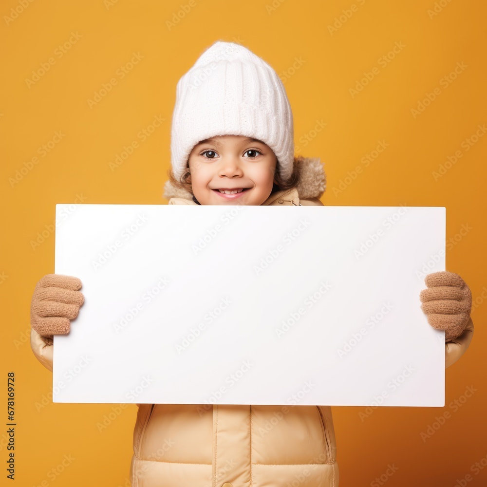 a child holding a white placard in a winter wonderland a child holding a white placard in a winter wonderland