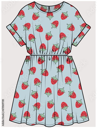 DOLMAN SLEEVESSTRAWBERRY PATTERN DRESS WITH CUT OUT WAIST DETAIL DESIGNED FOR TEEN GIRL, TWEEN GIRLS AND KID GIRLS IN  VECTOR ILLUSTRATION