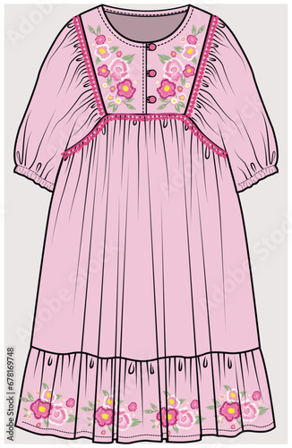 BIB YOKE TIERED DRESS WITH LACE TRIM DETAIL DESIGNED FOR FOR TEEN GIRL, TWEEN GIRLS AND KID GIRLS IN  VECTOR ILLUSTRATION
