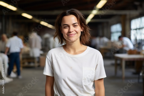 Portrait of a smiling woman in her 30s wearing a simple cotton shirt against a bustling factory floor. AI Generation