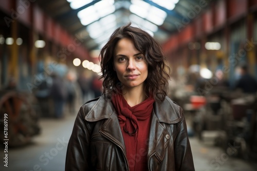 Portrait of a tender woman in her 40s sporting a classic leather jacket against a bustling factory floor. AI Generation