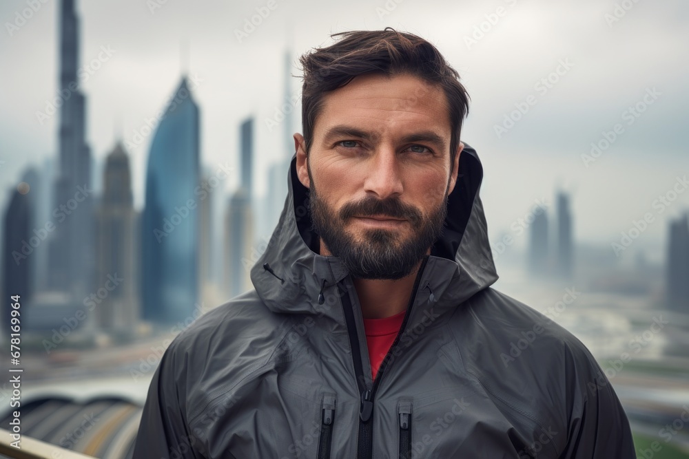 Portrait of a merry man in his 30s wearing a windproof softshell against a stunning skyscraper skyline. AI Generation Portrait of a merry man in his 30s wearing a windproof softshell against a stunning skyscraper skyline. AI Generation