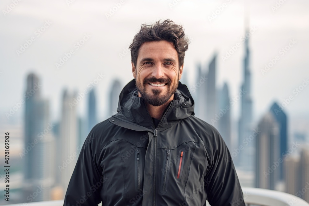 Portrait of a merry man in his 30s wearing a windproof softshell against a stunning skyscraper skyline. AI Generation Portrait of a merry man in his 30s wearing a windproof softshell against a stunning skyscraper skyline. AI Generation