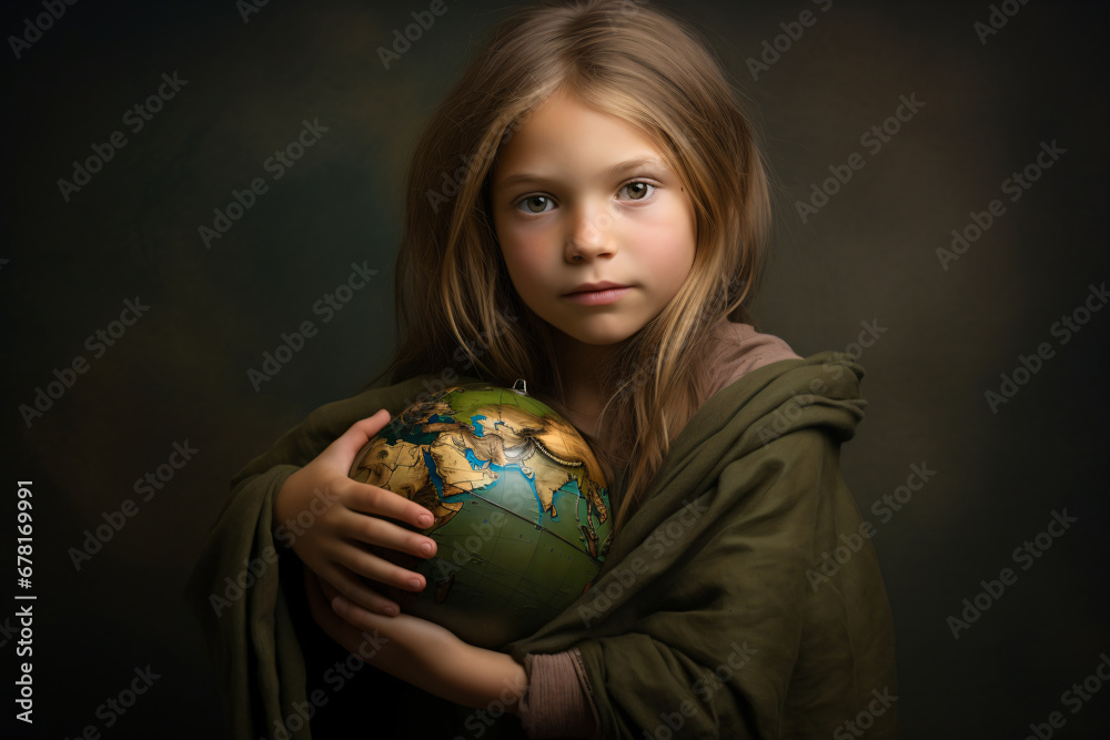 young girl hugging a green earth and earth globe young girl hugging a green earth and earth globe