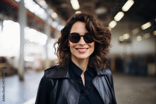 Portrait of a grinning woman in her 40s wearing a trendy sunglasses against a bustling factory floor. AI Generation
