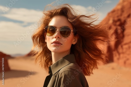 Portrait of a content woman in her 30s wearing a trendy sunglasses against a backdrop of desert dunes. AI Generation © CogniLens