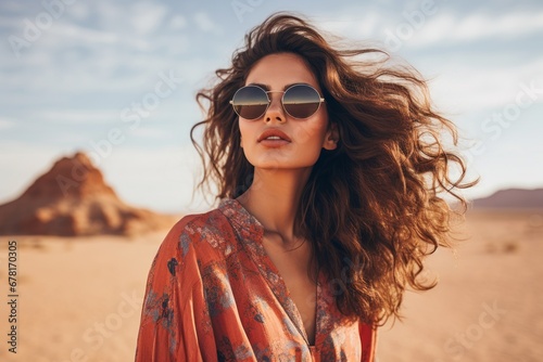 Portrait of a content woman in her 30s wearing a trendy sunglasses against a backdrop of desert dunes. AI Generation