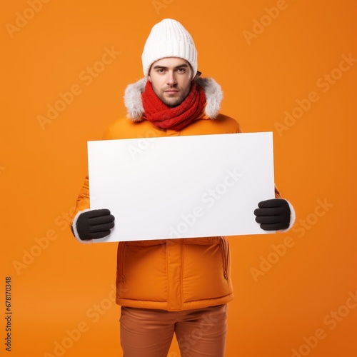 attractive guy with white sign in snowy landscape
