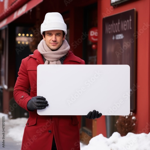 winter style and elegance with a man and a placard