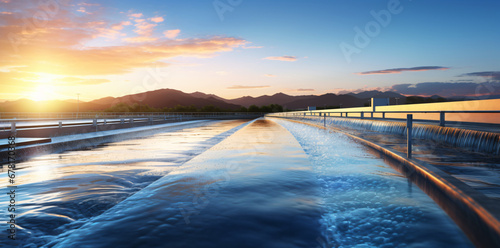 water running in a water treatment plant during sunset