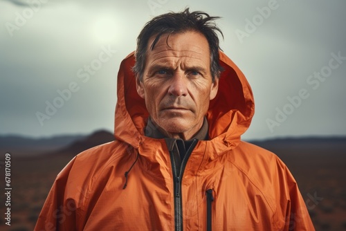 Portrait of a merry man in his 50s sporting a waterproof rain jacket against a backdrop of desert dunes. AI Generation