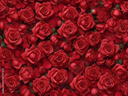 Natural fresh red roses flowers pattern wallpaper. top view, Red rose flower wall background.