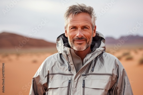 Portrait of a merry man in his 50s sporting a waterproof rain jacket against a backdrop of desert dunes. AI Generation