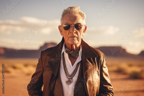 Portrait of a satisfied man in his 80s sporting a stylish leather blazer against a backdrop of desert dunes. AI Generation