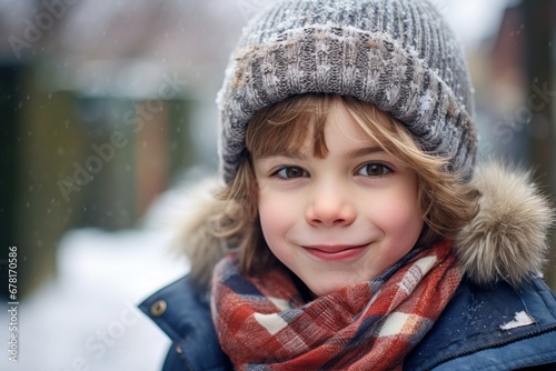 a cheerful young boy playing in the snow on a frosty day